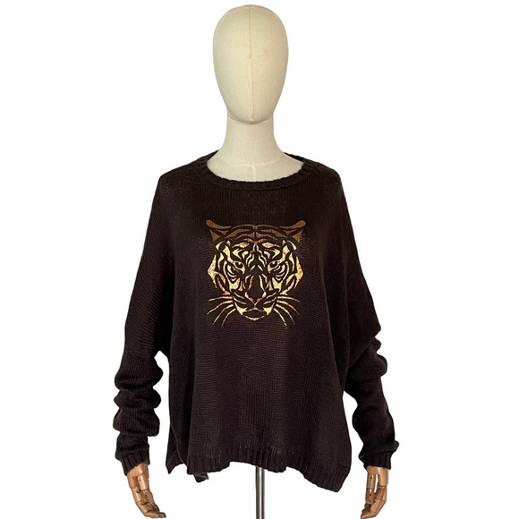 Wooden Ships Copper Tiger Face Oversized Sweater in Brown Mohair Wool Size M/L - Picture 2 of 11